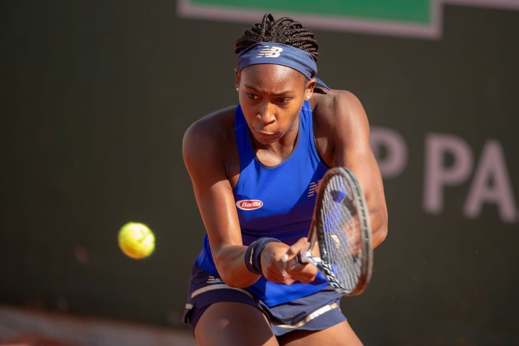 PARIS, FRANCE May 23. Cori Gauff of the United States in action against Kaja Juvan of Slovenia during their qualification match on court seven at the 2019 French Open Tennis Tournament at Roland Garros on May 23rd 2019 in Paris, France. (Photo by Tim Clayton/Corbis via Getty Images)