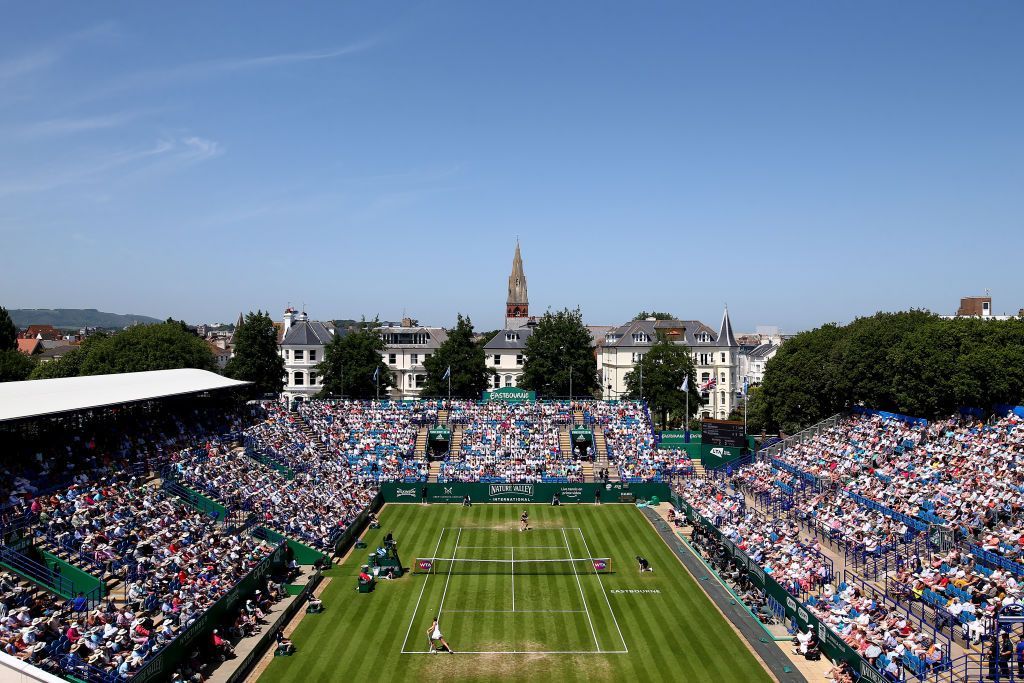 EASTBOURNE, ENGLAND - JUNE 28: A general view of the action between Kiki Bertens of Holland and Karolina Pliskova and Czech Republic during their womens singles semi final match during day five of the Nature Valley International at Devonshire Park on June 28, 2019 in Eastbourne, United Kingdom. (Photo by Charlie Crowhurst/Getty Images for LTA)