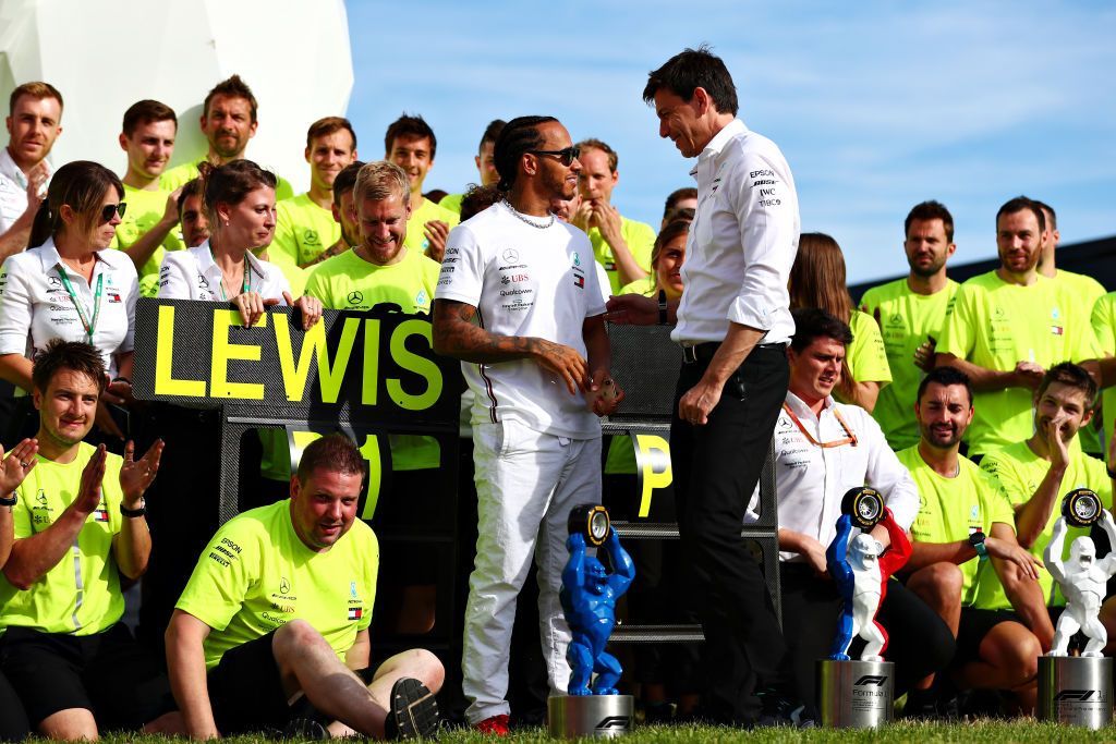 LE CASTELLET, FRANCE - JUNE 23: Race winner Lewis Hamilton of Great Britain and Mercedes GP talks with Mercedes GP Executive Director Toto Wolff after the F1 Grand Prix of France at Circuit Paul Ricard on June 23, 2019 in Le Castellet, France. (Photo by Dan Istitene/Getty Images)