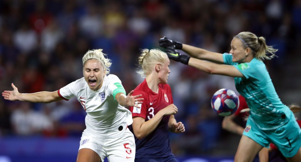 LE HAVRE, FRANCE - JUNE 27: Steph Houghton of England is fouled by Maria Thorisdottir of Norway inside the penalty area, leading to England being awarded a penalty during the 2019 FIFA Women's World Cup France Quarter Final match between Norway and England at Stade Oceane on June 27, 2019 in Le Havre, France. (Photo by Alex Grimm/Getty Images)