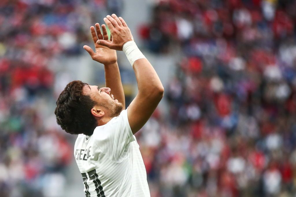 ST PETERSBURG, RUSSIA - JUNE 19, 2018: Egypt's Trezeguet in the 2018 FIFA World Cup Group A Round 2 football match against Russia at St Petersburg Stadium. Valery Sharifulin/TASS (Photo by Valery SharifulinTASS via Getty Images)