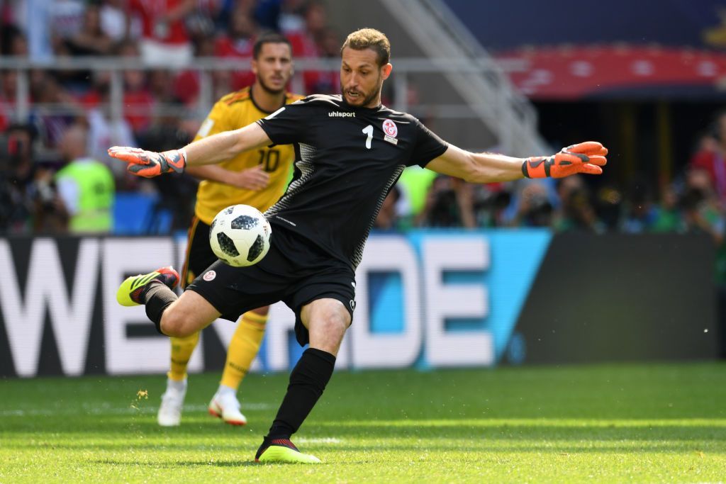 MOSCOW, RUSSIA - JUNE 23: Farouk Ben Mustapha of Tunisia kicks the ball during the 2018 FIFA World Cup Russia group G match between Belgium and Tunisia at Spartak Stadium on June 23, 2018 in Moscow, Russia. (Photo by Etsuo Hara/Getty Images)