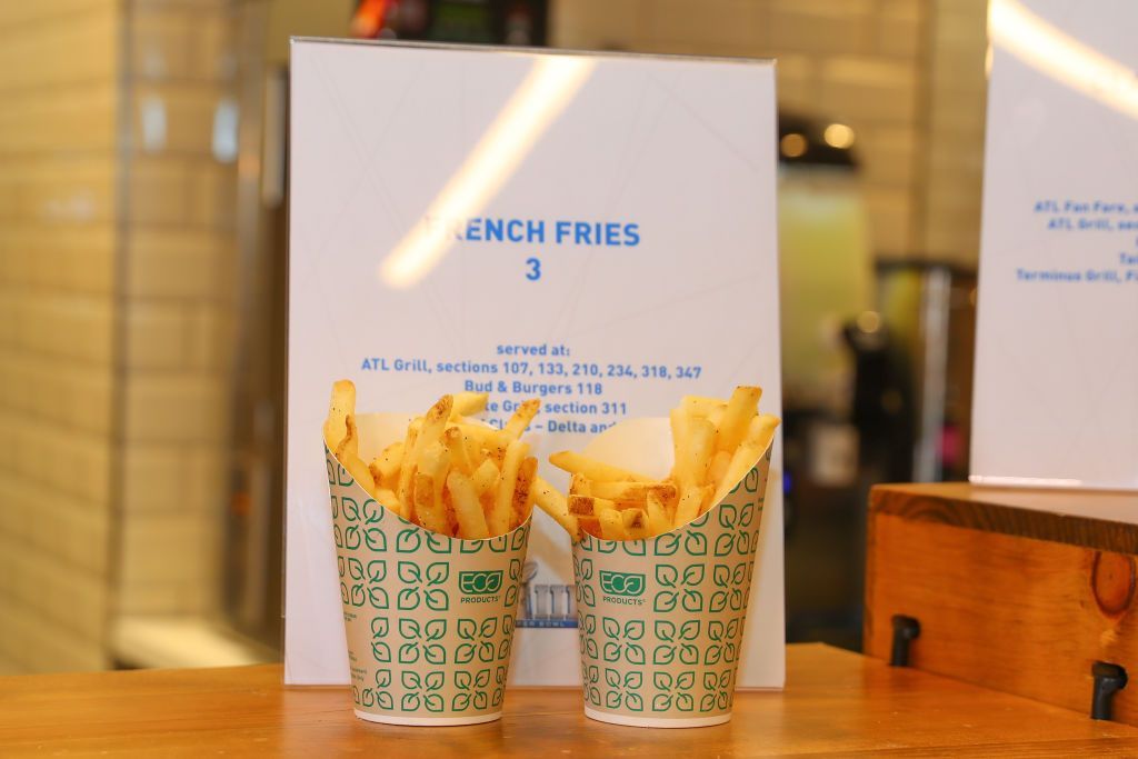 ATLANTA, GA - JANUARY 29: A general view of a container of french fries on display during the Super Bowl LIII Stadium Food Tasting and menu on January 29, 2019 at Mercedes Benz Stadium, in Atlanta GA. (Photo by Rich Graessle/Icon Sportswire via Getty Images)