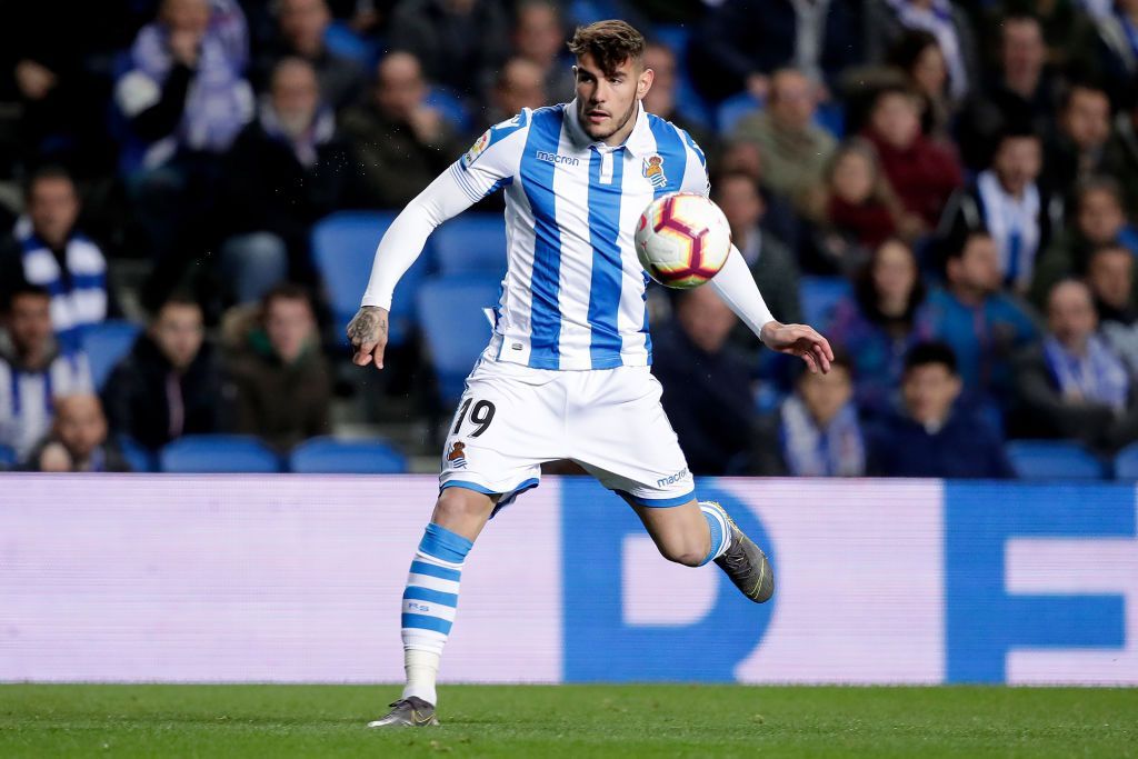SAN SEBASTIAN, SPAIN - APRIL 4: Theo Hernandez of Real Sociedad during the La Liga Santander match between Real Sociedad v Real Betis Sevilla at the Estadio Anoeta on April 4, 2019 in San Sebastian Spain (Photo by David S. Bustamante/Soccrates/Getty Images)