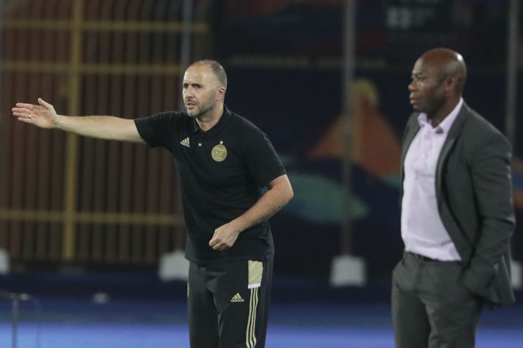 01 July 2019, Egypt, Cairo: Algeria's manager Djamel Belmadi (L) reacts on the touchline during the 2019 Africa Cup of Nations Group C soccer match between Tanzania and Algeria at Al-Salam Stadium. Photo: Oliver Weiken/dpa (Photo by Oliver Weiken/picture alliance via Getty Images)