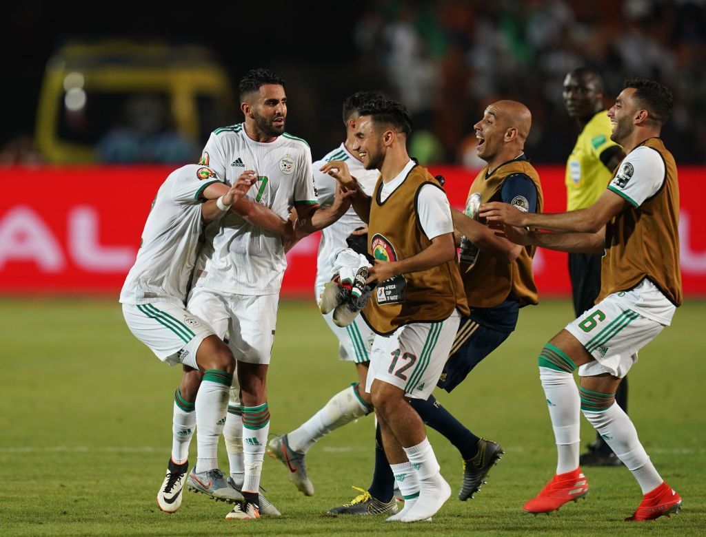 Riyad Karim Mahrez of Algeria celebrating his goal to 2-1 during the 2019 African Cup of Nations match between Algeria and Nigeria at the Cairo International Stadium in Cairo, Egypt on July 14,2019. (Photo by Ulrik Pedersen/NurPhoto via Getty Images)