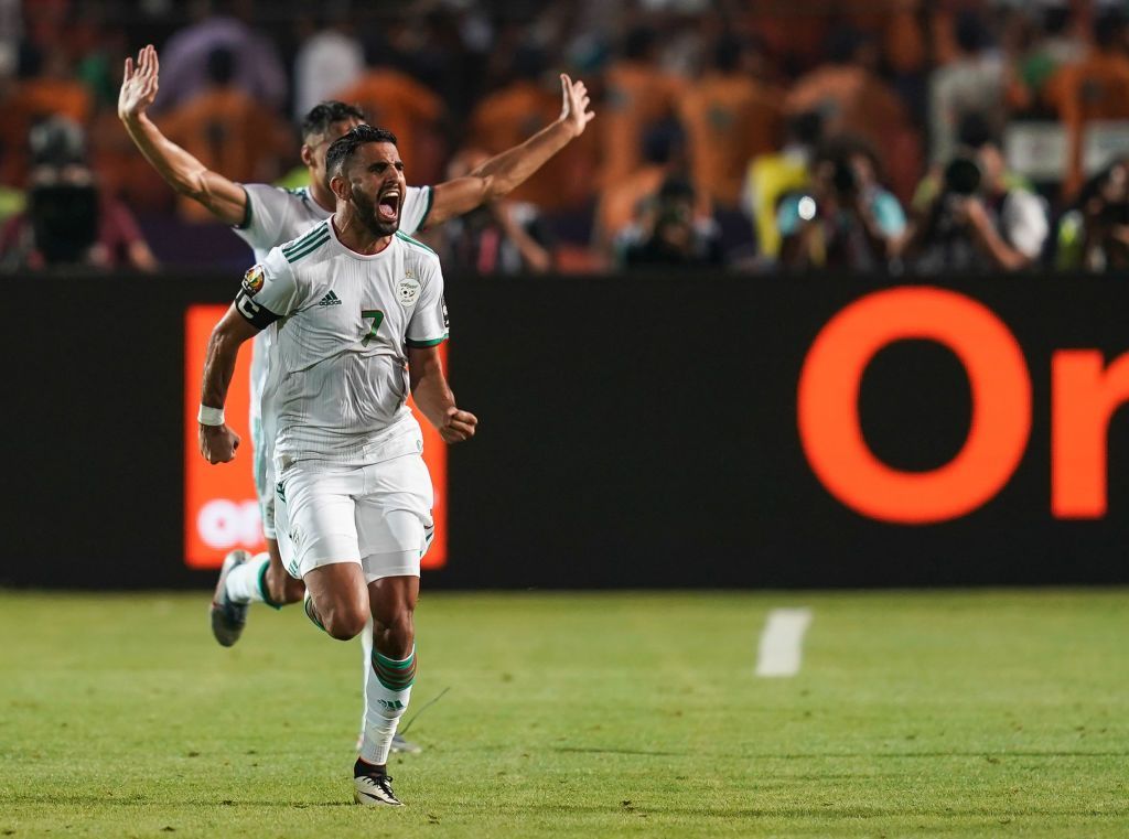 Riyad Karim Mahrez of Algeria celebrating his goal to 2-1 during the 2019 African Cup of Nations match between Algeria and Nigeria at the Cairo International Stadium in Cairo, Egypt on July 14,2019. (Photo by Ulrik Pedersen/NurPhoto via Getty Images)