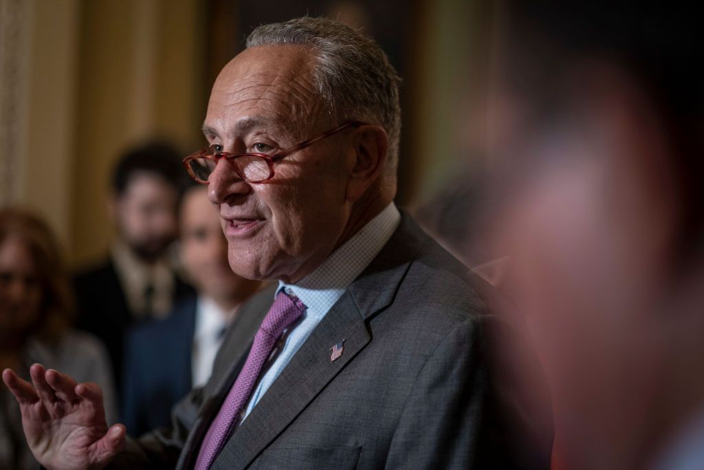 WASHINGTON, DC - JULY 16: Senate Minority Leader, Chuck Schumer (D-NY), speaks to the media during a press conference following the Senate Republican Leadership lunches on July 16, 2019 in Washington, DC. (Photo by Pete Marovich/Getty Images)