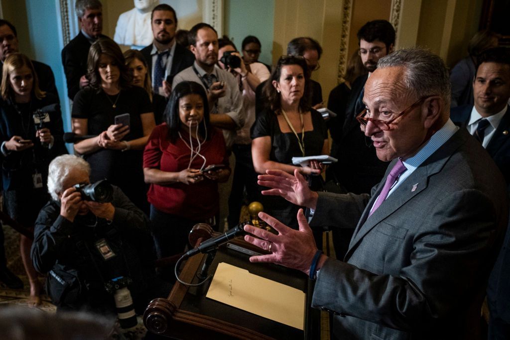 WASHINGTON, DC - JULY 16: Senate Minority Leader, Chuck Schumer (D-NY), speaks to the media during a press conference following the Senate Republican Leadership lunches on July 16, 2019 in Washington, DC. (Photo by Pete Marovich/Getty Images)