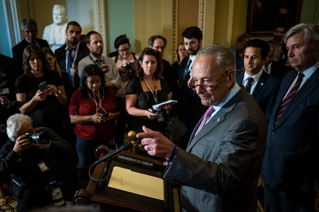 WASHINGTON, DC - JULY 16: Senate Minority Leader, Chuck Schumer (D-NY), speaks to the media during a press conference following the Senate Republican Leadership lunches on July 16, 2019 in Washington, DC. (Photo by Pete Marovich/Getty Images)