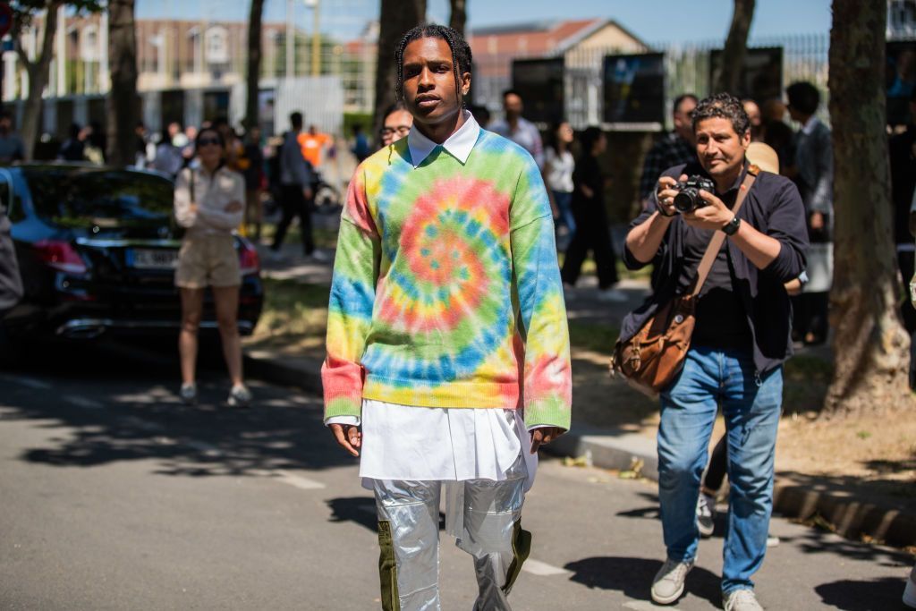 PARIS, FRANCE - JUNE 22: ASAP Rocky is seen wearing batik tshirt outside Loewe during Paris Fashion Week - Menswear Spring/Summer 2020 on June 22, 2019 in Paris, France. (Photo by Christian Vierig/Getty Images)