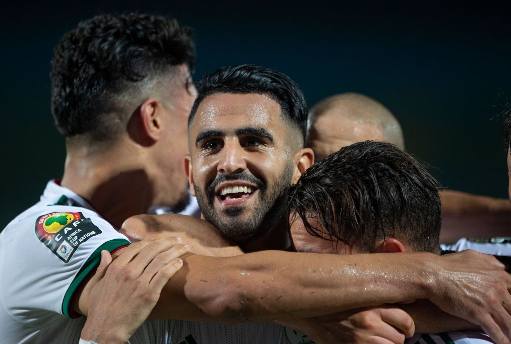 CAIRO, EGYPT - JUNE 23: RIYAD KARIM MAHREZ celebrates scoring Algeria's second goal during the 2019 Africa Cup of Nations Group C match between Algeria and Kenya at 30th June Stadium on June 23, 2019 in Cairo, Egypt. (Photo by Visionhaus)
