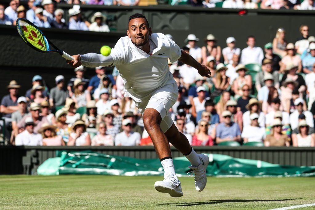 كيريوس يعترف بتعمده إصابة نادال خلال بطولة ويمبلدون للتنس (صور) 3 LONDON, ENGLAND - JULY 04: Nick Kyrgios of Australia plays a forehand in his Men's Singles second round match against Rafael Nadal of Spain during Day four of The Championships - Wimbledon 2019 at All England Lawn Tennis and Croquet Club on July 04, 2019 in London, England. (Photo by Shi Tang/Getty Images)