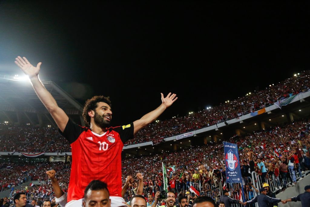 Egypts Mohamed Salah celebrating World Cup access and victory over Congo during the 2018 World Cup group E qualifying soccer match at Borg El Arab Stadium in Alexandria, Egypt, Sunday, Oct. 8, 2017. (Photo by Islam Safwat/NurPhoto via Getty Images)