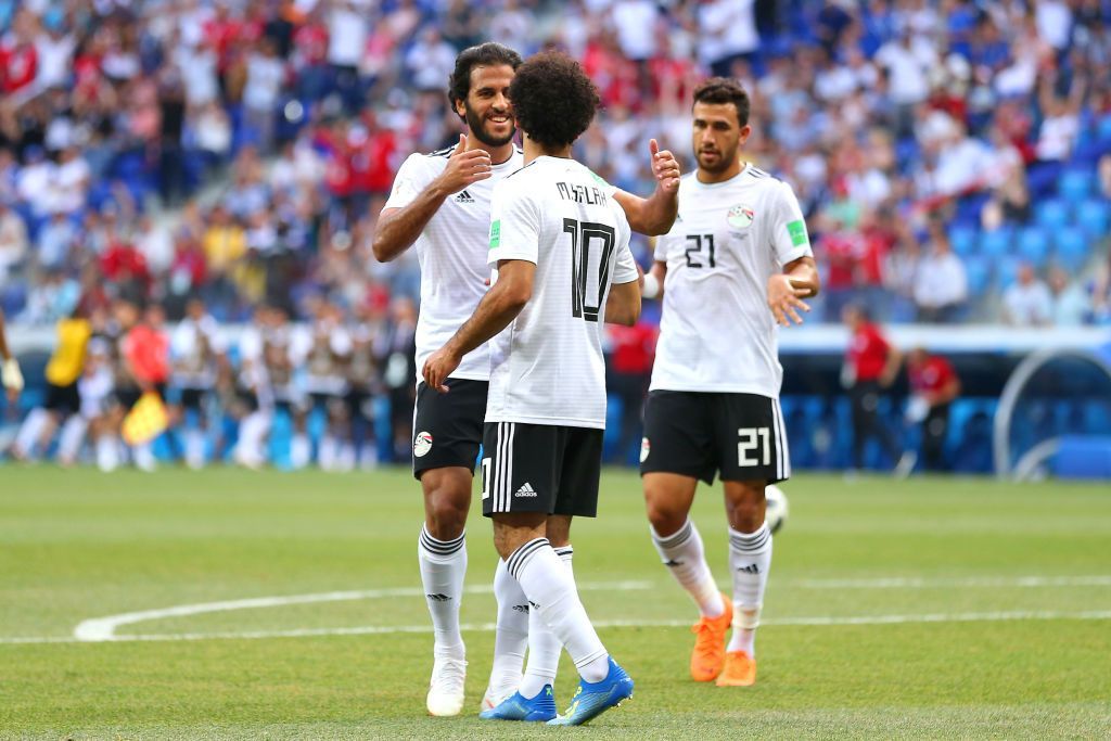 VOLGOGRAD, RUSSIA - JUNE 25: Mohamed Salah of Egypt celebrates scoring a goal to make it 0-1 during the 2018 FIFA World Cup Russia group A match between Saudi Arabia and Egypt at Volgograd Arena on June 25, 2018 in Volgograd, Russia. (Photo by Robbie Jay Barratt - AMA/Getty Images)