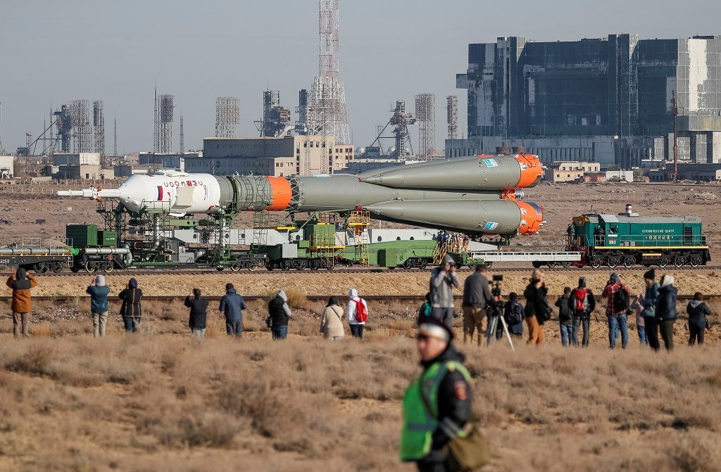 The Soyuz MS-15 spacecraft for the new International Space Station (ISS) crew, comprising Jessica Meir of the U.S., Oleg Skripochka of Russia and Hazzaa Ali Almansoori of United Arab Emirates, is transported from an assembling hangar to the launchpad ahead of its upcoming launch, at the Baikonur Cosmodrome Baikonur, Kazakhstan September 23, 2019. REUTERS/Shamil Zhumatov