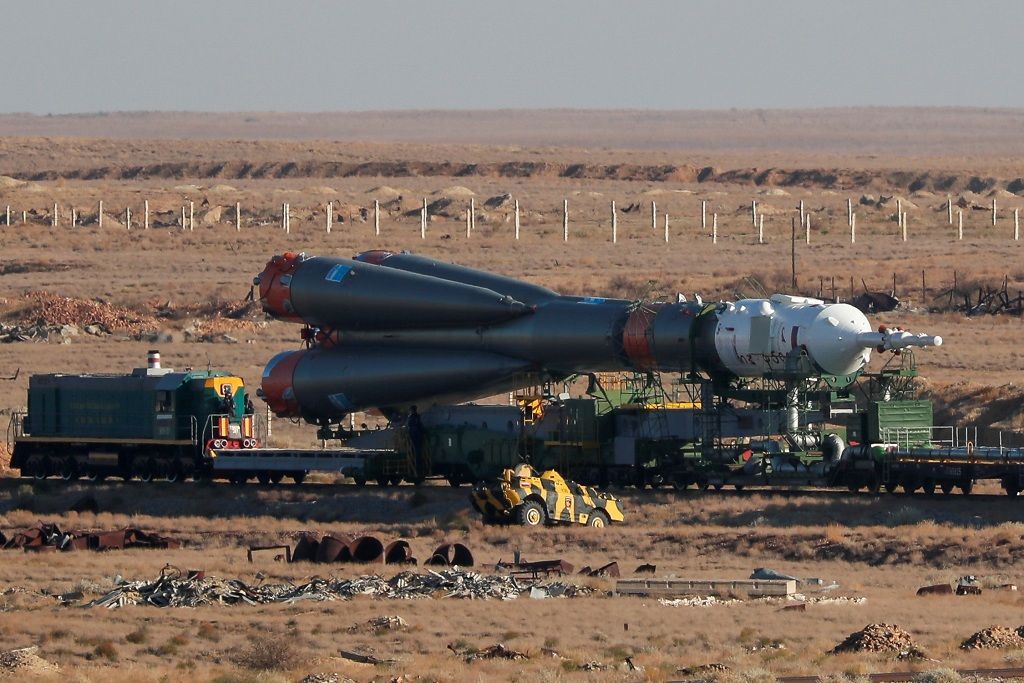 The Soyuz MS-15 spacecraft for the new International Space Station (ISS) crew, comprising Jessica Meir of the U.S., Oleg Skripochka of Russia and Hazzaa Ali Almansoori of United Arab Emirates, is transported from an assembling hangar to the launchpad ahead of its upcoming launch, at the Baikonur Cosmodrome Baikonur, Kazakhstan September 23, 2019. REUTERS/Shamil Zhumatov