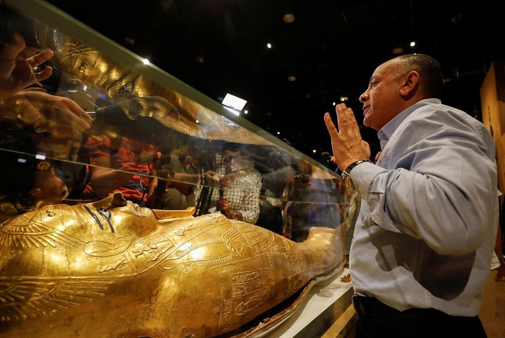 Dr. Mostafa Waziry, head of the Supreme Council of Antiquities speaks to media near the Gold Coffin of Nedjemankh during a news conference to announce its return from the U.S. and display at the National Museum of Egyptian Civilization (NMEC) in Cairo, Egypt October 1, 2019. REUTERS/Amr Abdallah Dalsh