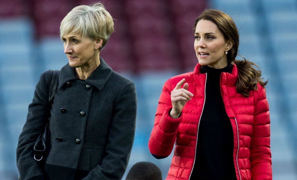 BIRMINGHAM, ENGLAND - NOVEMBER 22:  Catherine, Duchess of Cambridge with her Private Secretary Catherine Quinn during a visit to Aston Villa Football Club to see the work of the Coach Core programme on November 22, 2017 in Birmingham, England.  (Photo by Mark Cuthbert/UK Press via Getty Images)