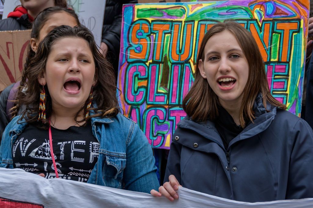 CITY HALL, NEW YORK, UNITED STATES - 2019/05/03: 13 year old climate justice activist Alexandria Villaseñor (R) - Hundreds students took part in the School Strike for Climate in New York City, joining over 500 events worldwide. The students held a rally and perform a die in outside City Hall to bring attention to Mayor De Blasio's inaction to declare a climate emergency. (Photo by Erik McGregor/Pacific Press/LightRocket via Getty Images)