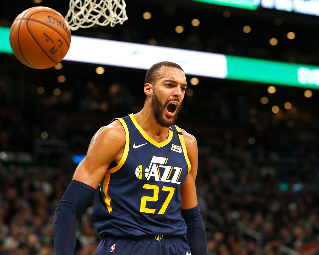 BOSTON, MASSACHUSETTS - MARCH 06: Rudy Gobert #27 of the Utah Jazz reacts after dunking during the third quarter of the game against the Boston Celtics at TD Garden on March 06, 2020 in Boston, Massachusetts. NOTE TO USER: User expressly acknowledges and agrees that, by downloading and or using this photograph, User is consenting to the terms and conditions of the Getty Images License Agreement. (Photo by Omar Rawlings/Getty Images)