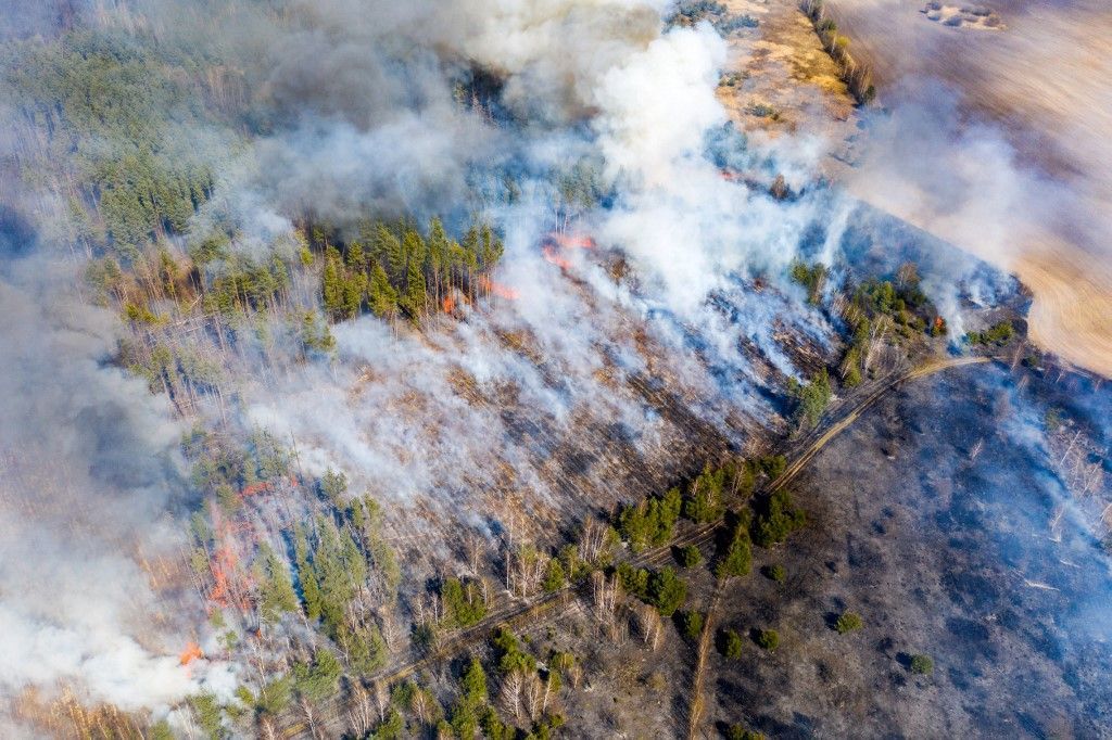 حرائق غابات واسعة في أوكرانيا تقترب من محطة تشيرنوبيل النووية 1 This aerial picture taken on April 12, 2020 shows a forest fire burning at a 30-kilometer (19-mile) Chernobyl exclusion zone in Ukraine, not far from the nuclear power plant. - Some 400 firefighters battle a blaze that broke out on April 4, 2020 in the wooded zone around the ruined Chernobyl reactor that exploded in 1986 in the world's worst nuclear accident. (Photo by Volodymyr Shuvayev / AFP)