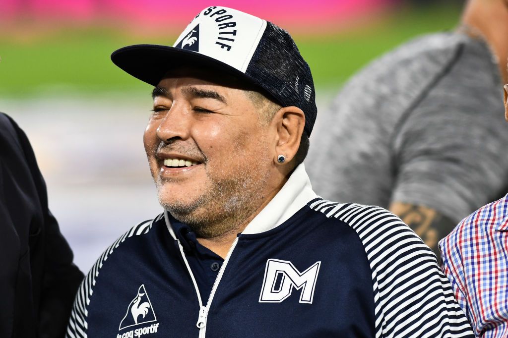 BUENOS AIRES, ARGENTINA - MARCH 07: Diego Armando Maradona head coach of Gimnasia y Esgrima La Plata smiles prior to a match between Boca Juniors and Gimnasia as part of Superliga 2019/20 at Estadio Alberto J. Armando on March 7, 2020 in Buenos Aires, Argentina. (Photo by Rodrigo Valle/Getty Images)