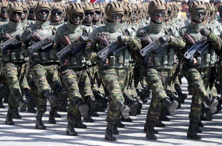 PYONGYANG, NORTH KOREA - SEPTEMBER 9, 2018: Servicemen march during a military parade marking the 70th anniversary of the foundation of North Korea. Alexander Demianchuk/TASS (Photo by Alexander DemianchukTASS via Getty Images)