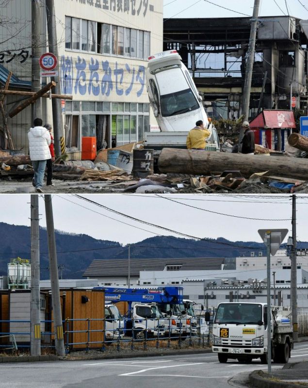 بالصور.. عشر سنوات على كارثة فوكوشيما في اليابان 3 السكان وهم ينظرون إلى الأضرار التي سببها تسونامي في بلدة أوفوناتو