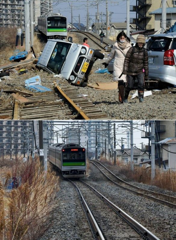 بالصور.. عشر سنوات على كارثة فوكوشيما في اليابان 7 أشخاص يسيرون على مسارات قطار مليئة بالسيارات في تاجاجو