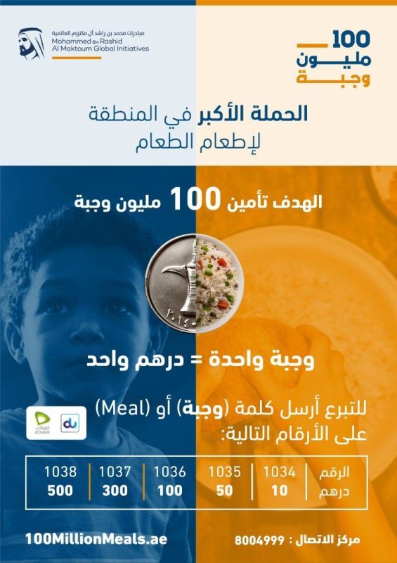الشيخ محمد بن راشد يطلق حملة 100 مليون وجبة لتقديم الطعام في 20 دولة