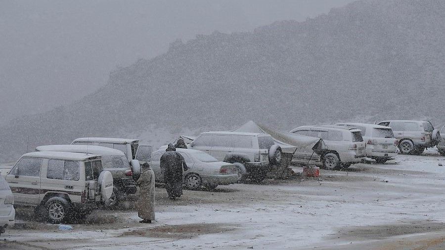 بالصور.. السعوديون يستمتعون بالثلوج التي زارت منطقتي تبوك وطريف