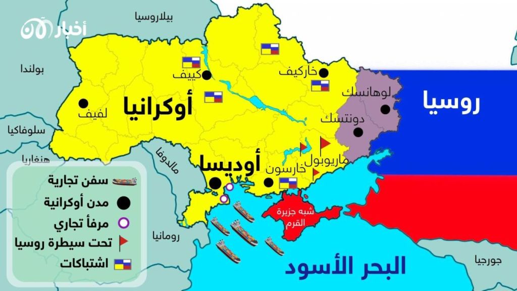 خريطة توضح الموقع الاستراتيجي لأوديسا وكونها   المنفذ الوحيد المتاح حاليا لأوكرانيا على البحر الأسود