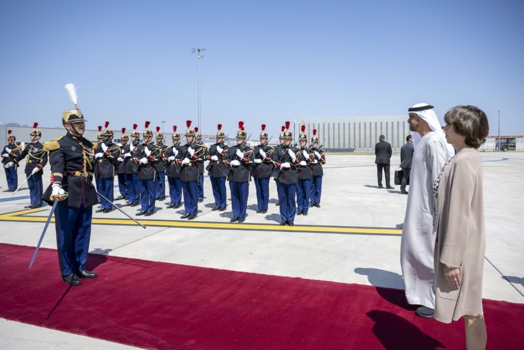 PARIS, FRANCE - July 19, 2022: HH Sheikh Mohamed bin Zayed Al Nahyan, President of the United Arab Emirates (2nd R) departs concluding an official state visit to France. Seen with HE Catherine Colonna, Minister for Europe and Foreign Affairs (L).<br /> ( Hamad Al Kaabi / Presidential Court )<br /> ---