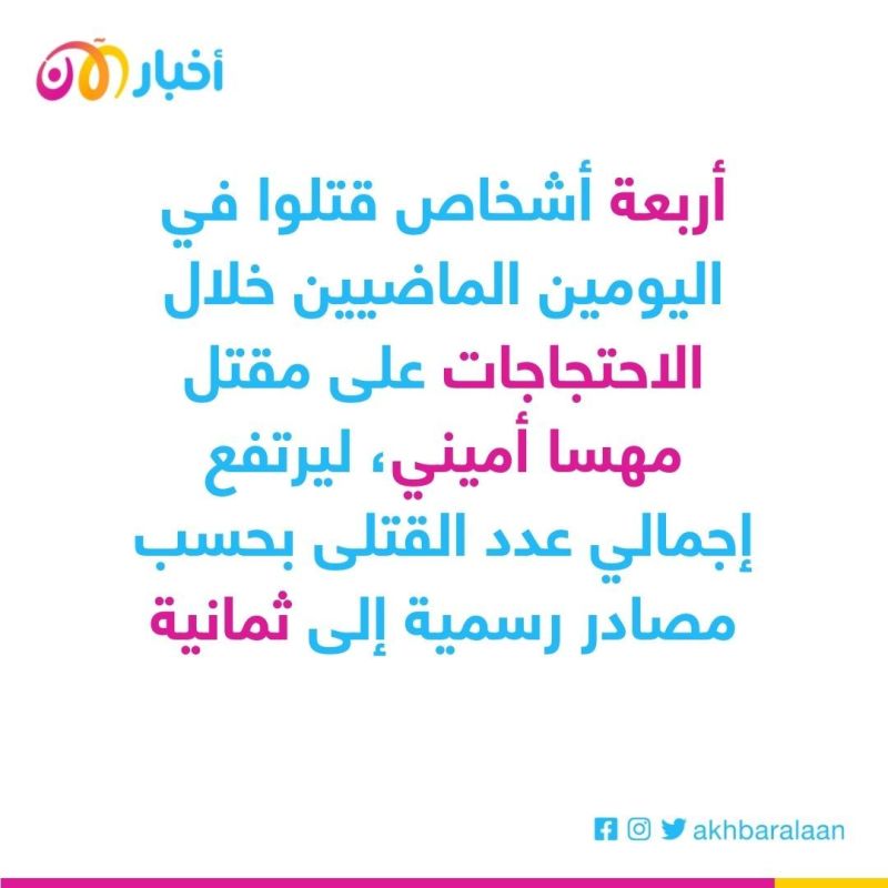 ارتفاع عدد القتلى في إيران إلى 8 خلال الاحتجاجات على مقتل مهسا أميني