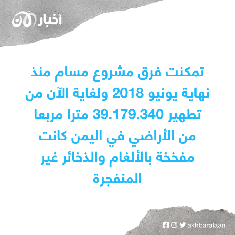 مشروع مسام ينزع 739 لغماً وذخيرة وعبوة ناسفة من الأراضي في اليمن