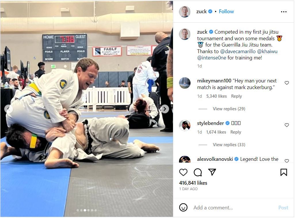 في أول بطولة يُشارك فيها.. مارك زوكربيرغ يفوز بميداليتين في رياضة الجوجيتسو 2 في أول بطولة يُشارك فيها.. مارك زوكربيرغ يفوز بميداليتين في رياضة الجوجيتسو