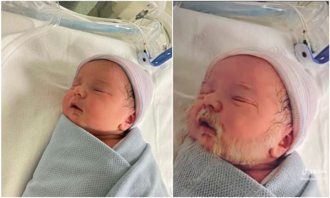 صورة طفل رضيع بلحية بيضاء تشعل مواقع التواصل.. ما قصتها؟ 2 مقارنة بين الصورة المزيّفة (يمين) وتلك الأصليّة (يسار)