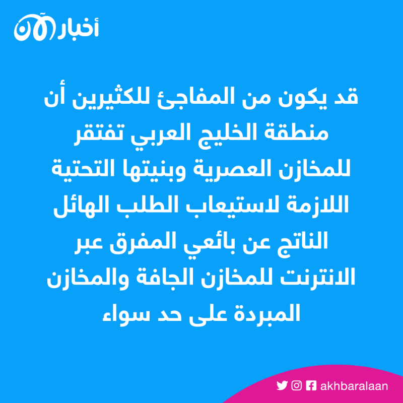 قد يكون من المفاجئ للكثيرين أن منطقة الخليج العربي تفتقر للمخازن العصرية وبنيتها التحتية اللازمة لاستيعاب الطلب الهائل الناتج عن بائعي المفرق عبر الانترنت للمخازن الجافة والمخازن المبردة على حد سواء.