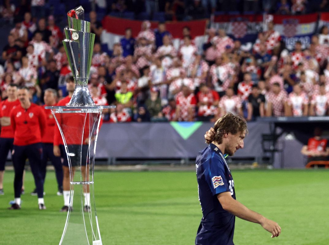 Soccer Football - UEFA Nations League Final - Croatia v Spain - Feyenoord Stadium, Rotterdam, Netherlands - June 18, 2023 Croatia's Luka Modric looks dejected after losing the penalty shootout and the UEFA Nations League final REUTERS/Yves Herman
