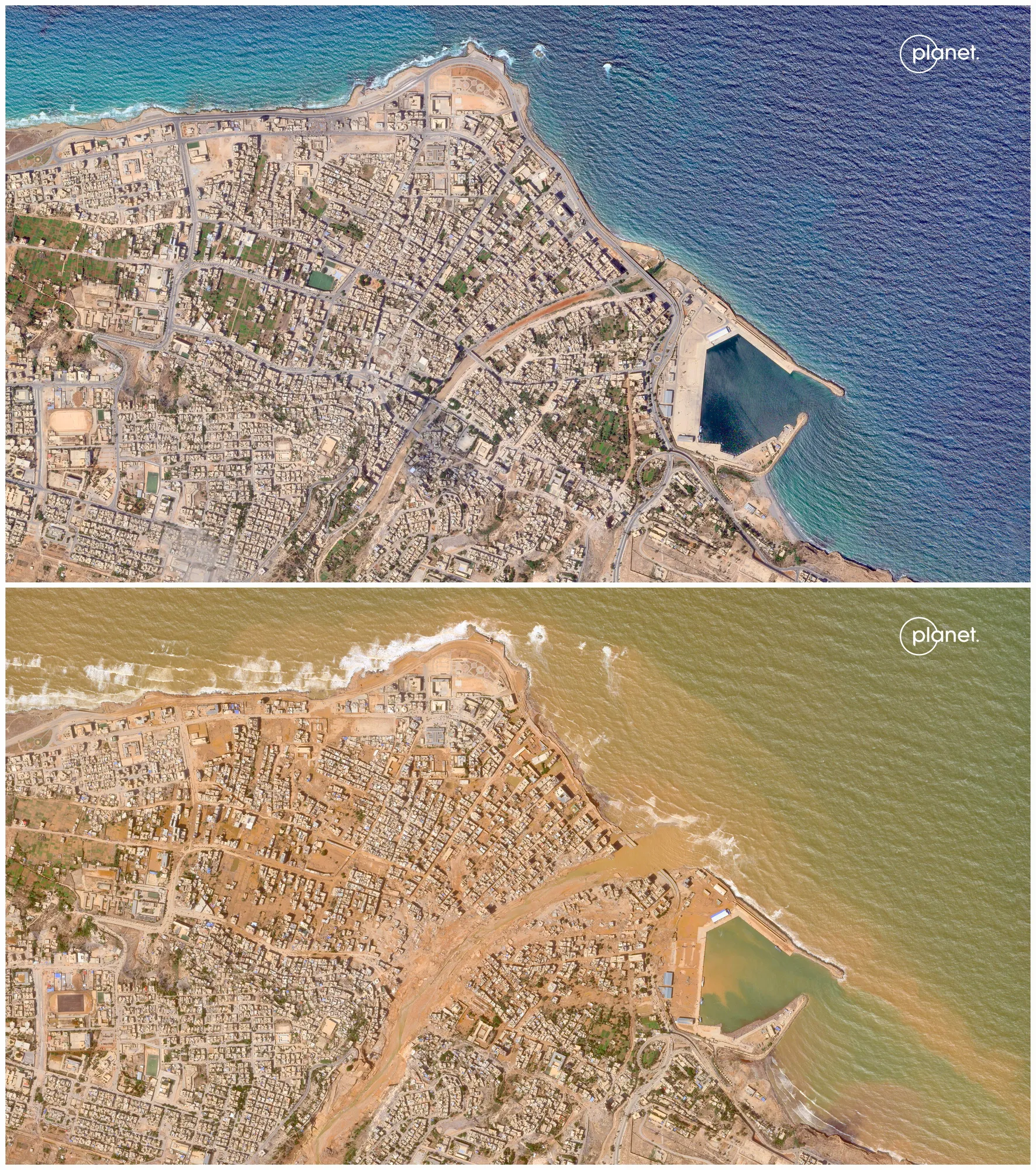 قبل وبعد.. صور للأقمار الصناعية ترصد تأثير إعصار دانيال على مدينة درنة في ليبيا