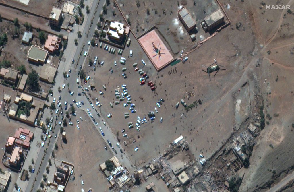 EARTHQUAKE MOROCCO -- SEPTEMBER 11, 2023: 11 Maxar satellite imagery of rescue teams and helecopters in Talat n' yaaqoub (Location: 30.991, -8.184) after the 6.8 magnitude earthquake struck late on September 8th, 2023 . Please use: Satellite image (c) 2023 Maxar Technologies.