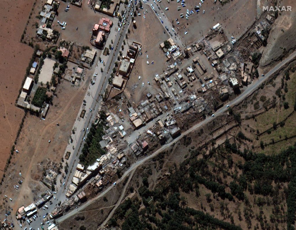 EARTHQUAKE MOROCCO -- SEPTEMBER 10, 2023: 09 Maxar satellite imagery of damaged and collapsed buildings in Talat n' yaaqoub (Location: 30.991, -8.184) after the 6.8 magnitude earthquake struck late on September 8th, 2023 . Please use: Satellite image (c) 2023 Maxar Technologies.