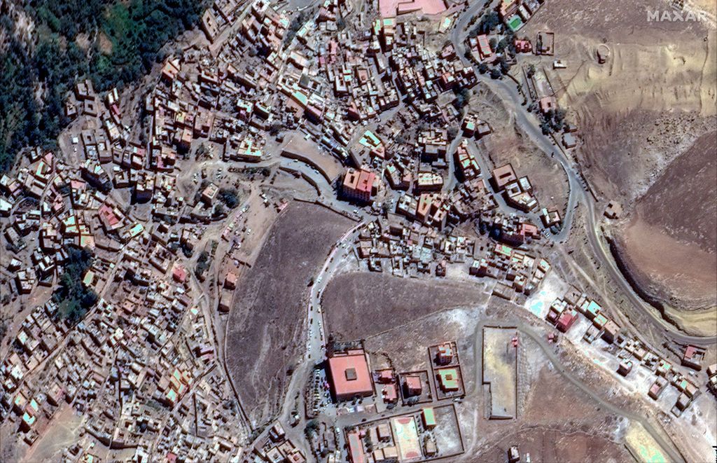 EARTHQUAKE MOROCCO -- SEPTEMBER 10, 2023:  08 Maxar satellite imagery of damaged and collapsed buildings in Moulay Brahim (Location: 31.285, -7.966) after the 6.8 magnitude earthquake struck late on September 8th, 2023  .  Please use: Satellite image (c) 2023 Maxar Technologies.