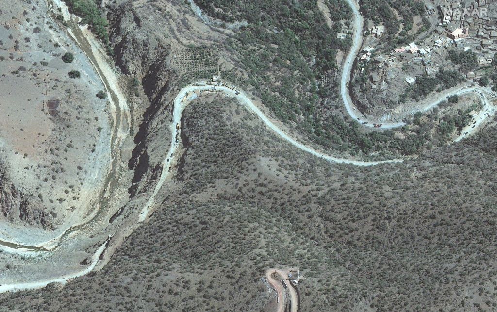 EARTHQUAKE MOROCCO -- SEPTEMBER 10, 2023: 03 Maxar satellite imagery of blocked roads by landslides in Amsguine (Location: 31.124, -8.105) after the 6.8 magnitude earthquake struck late on September 8th, 2023 . Please use: Satellite image (c) 2023 Maxar Technologies.