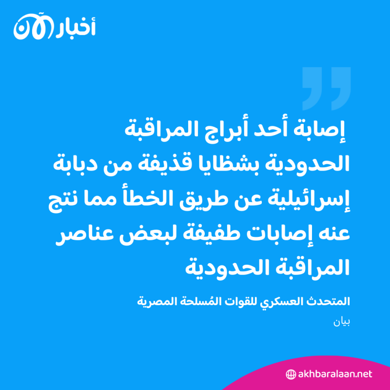 الجيش المصري: إصابة بعض عناصر المراقبة الحدودية بقذيفة إسرائيلية بـ "الخطأ" 1 الجيش المصري: إصابة بعض عناصر المراقبة الحدودية بقذيفة إسرائيلية بـ "الخطأ"