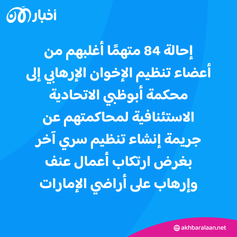 بتهمة إنشاء جهاز سري.. الإمارات تحيل 84 شخصا أغلبهم من تنظيم الإخوان الإرهابي لأمن الدولة 1 بتهمة إنشاء جهاز سري.. الإمارات تحيل 84 شخصا أغلبهم من تنظيم الإخوان الإرهابي لأمن الدولة