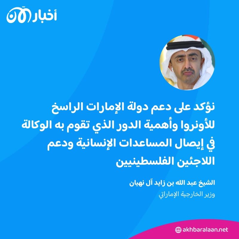 الإمارات تؤكد على دعمها الراسخ لـ"أونروا".. عبدالله بن زايد إلى لازاريني