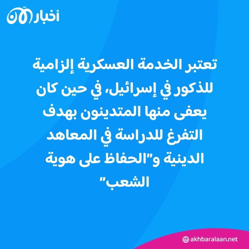 63 ألف مؤهل.. الجيش الإسرائيلي يعمل على تجنيد يهود الحريديم 1 تعتبر الخدمة العسكرية إلزامية للذكور في إسرائيل، في حين كان يعفى منها المتدينون بهدف التفرغ للدراسة في المعاهد الدينية و"الحفاظ على هوية الشعب".