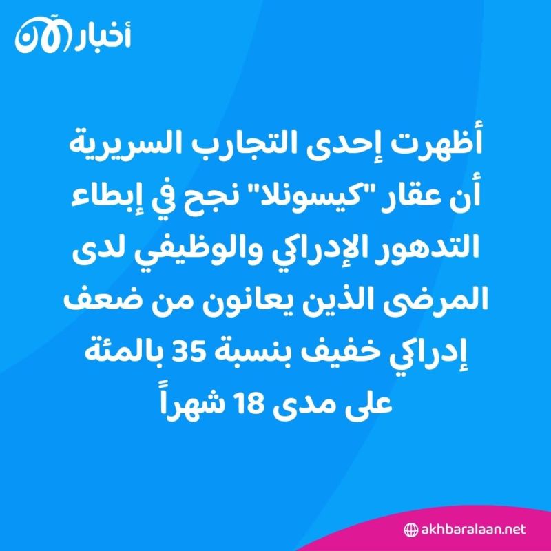 عقار جديد لعلاج الزهايمر.. كم سعر الجرعة؟ 2 أظهرت إحدى التجارب السريرية أن عقار "كيسونلا" نجح في إبطاء التدهور الإدراكي والوظيفي لدى المرضى الذين يعانون من ضعف إدراكي خفيف بنسبة 35 بالمئة على مدى 18 شهرا